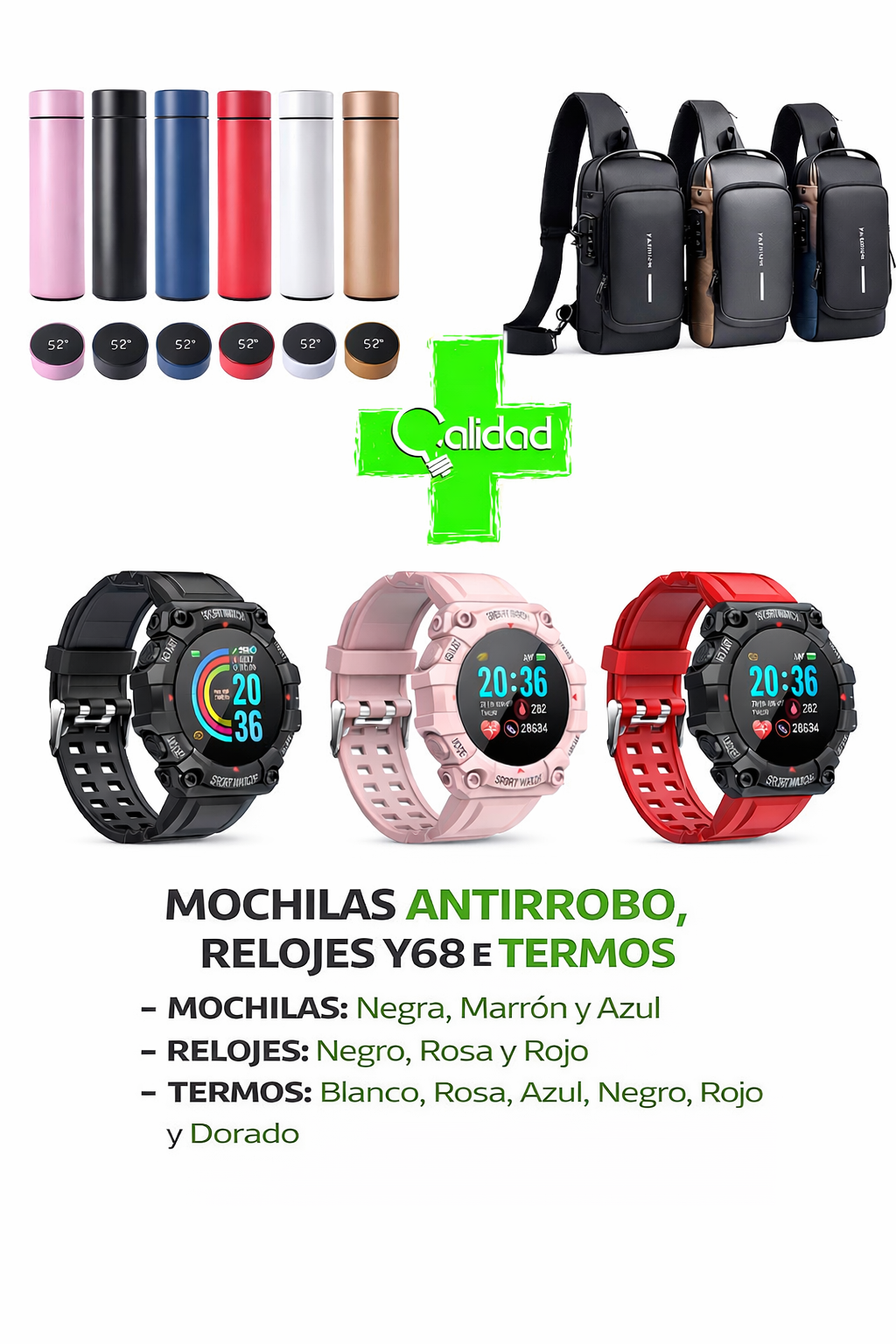 Canguro Antirrobo + Termo con Pantalla + Reloj Y68